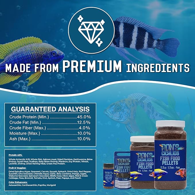 RON'S CICHLIDS Adult African Cichlid Fish Food Pellets – USA Made Slow Sinking Cichlid Pellets & Sticks Feed, Low Fillers, Ideal for Cichlid Food, Koi, Goldfish, Pleco, Oscar & Tropical Fish, 1 LB