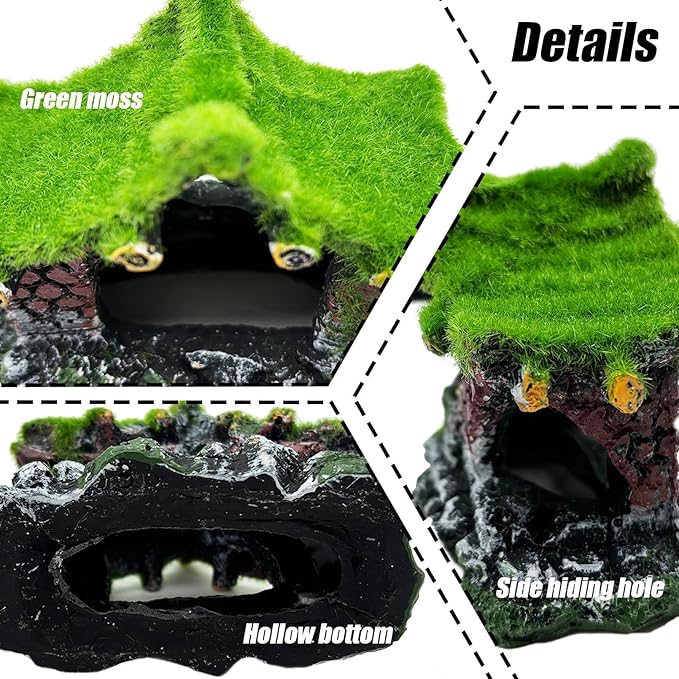 Tfwadmx Aquarium Decoration House Resin Hollow Hideout House,Small Betta Fish Hide Accessories Cave Ornament Tank Small Fish Shrimp Hideaway with Moss