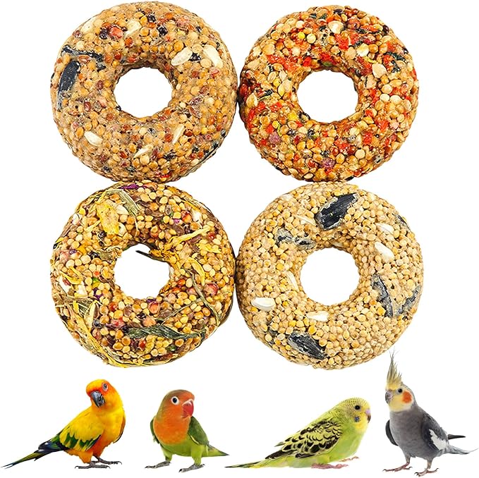 Fhiny Parakeet Treats, 4 PCS Donut Shaped Natural Grain Cockatiel Food with Fruits Vegetables Flowers and Herbs for Parrot Conure Lovebird Training Rewards and Beak Grinding