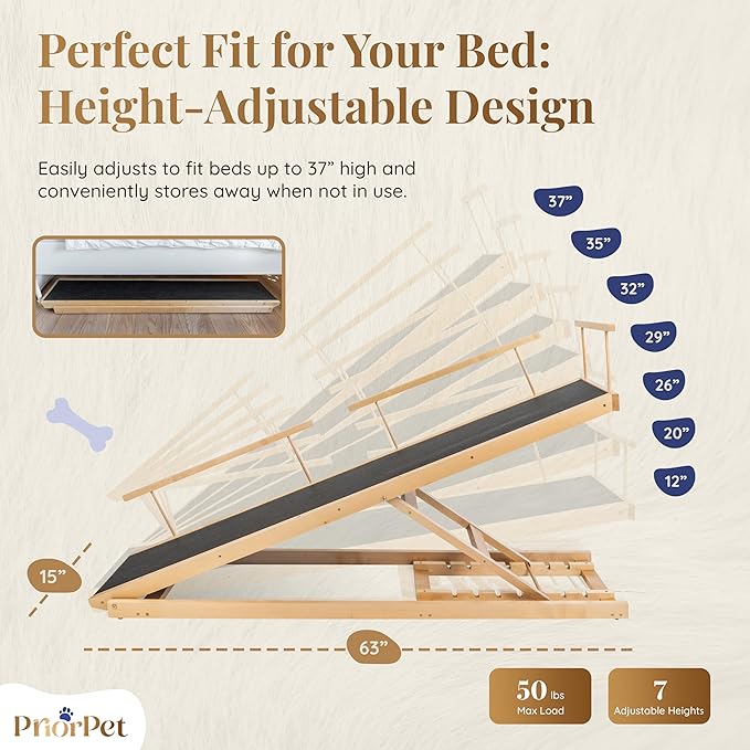 Dog ramp for Bed - PRIORPET Birchwood Adjustable Ramp for Dogs to Get on Bed: Dog ramps for High Beds up to 37 Inches – Foldable Ramp, Anti-Slip Grip & Safety Rails, Small Dogs Up to 120lbs – Natural