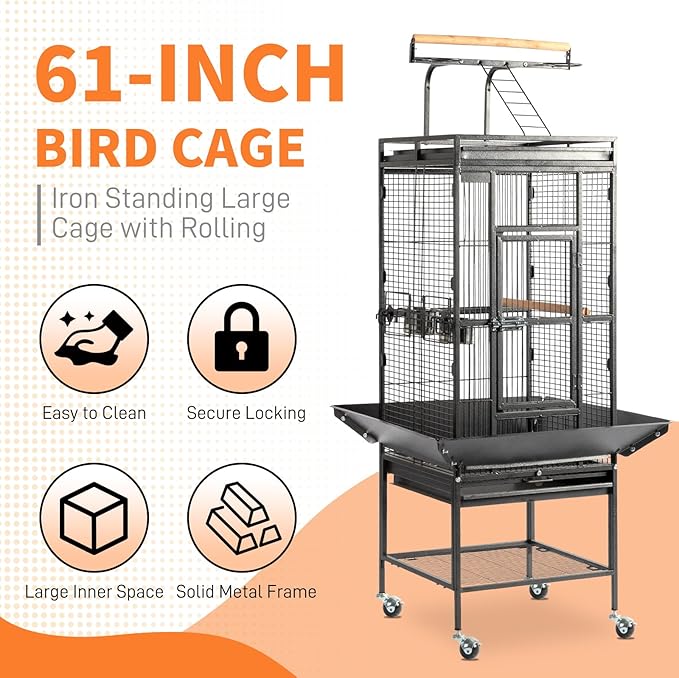 Wrought Iron Rolling Large Parrot Bird Cage,65-inch Wrought Iron Large Rolling Bird Cage with Play Top and Stand for Parrots Lovebird Cockatiel Parakeets, Black
