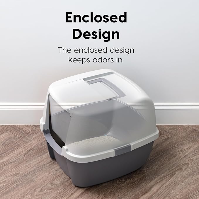 IRIS USA Large Cat Litter Box with Front Door Flap, Covered Enclosed Litter Box Enclosure with Scoop, Handle & Buckles for Portability & Privacy, Hidden Litter Pan, Gray