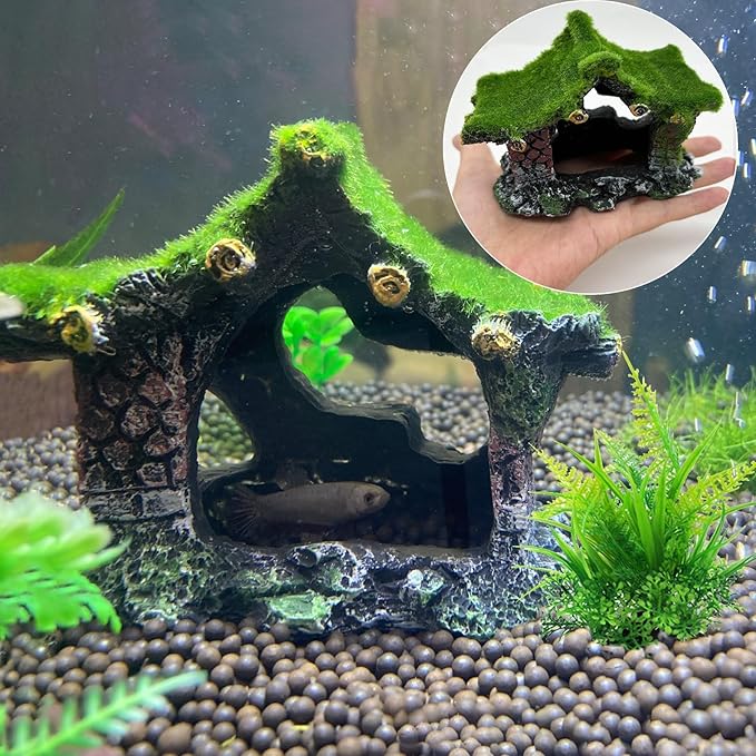 Tfwadmx Aquarium Decoration House Resin Hollow Hideout House,Small Betta Fish Hide Accessories Cave Ornament Tank Small Fish Shrimp Hideaway with Moss