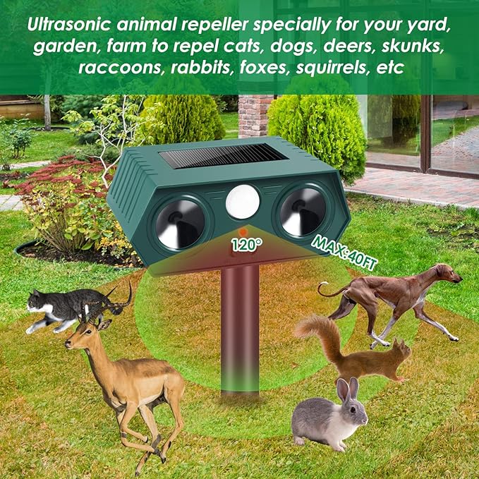 Solar Ultrasonic Racoon Cat Repellent Outdoor Deer Repellent Devices Sonic Fortress Pro Animal Rabbit Repeller Squirrel Deterrent with Motion Sensor to Keep Dog Fox Skunk Out of Garden Yard(4Pack)