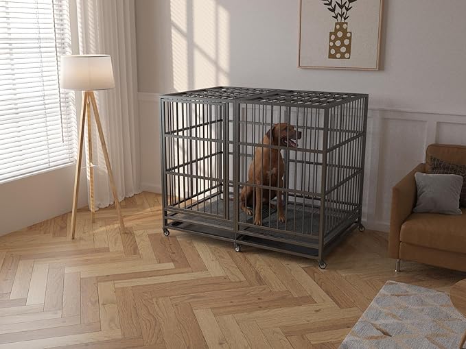 54 Inch Heavy Duty Dog Crate Cage with Wheels, Indestructible and Escape Proof Steel Kennel Indoor for High Anxiety Dogs with Sturdy Locks, Double Door and Tray, Extra Large XL XXL