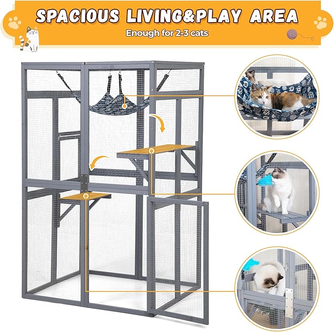 COZIWOW Upgraded Catio Outdoor Cat Enclosure Window Access, Wooden Cat House Shelter, Kitty Cage with Platforms & Hammock Patio Indoor (Gray)
