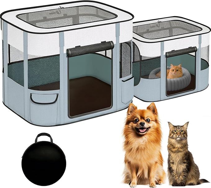 Portable Cat Playpen with Separate Areas, 2-in-1 Puppy Playpen & Cats Cage, Foldable Pet Tent for Indoor and Outdoor Use, Collapsible Tent Kennel Cage House(35.4"x27.6"x27.6", White & Grey)