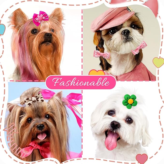 Mruq Small Dog Hair Bows with Rubber Bands, Mix Handmade Cute Puppy Gooming Flower Ball Bows for Holiday Daily Accessories (A339)