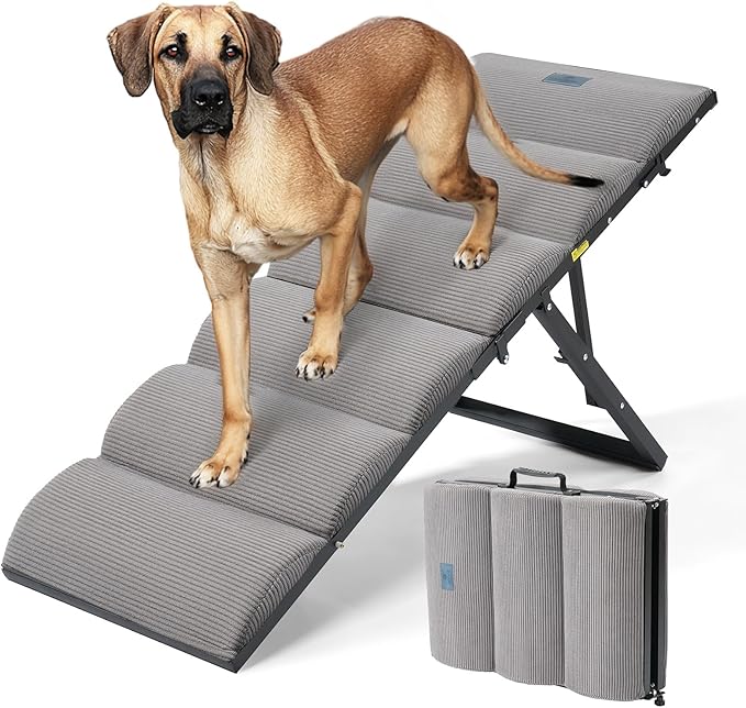 Veehoo Dog Ramp for Bed Couch Height Adjustable from 17" to 23", Foldable Stairs for Dogs to Get on Bed 17" Extra Wide, Portable Pet Doggie Steps Indoor with Non Slip Pad, Support up to 150 lbs