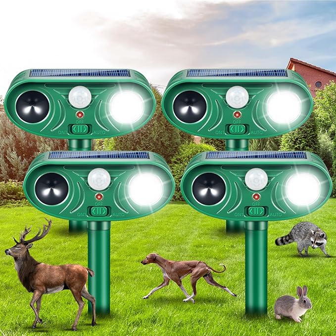 4 Pack Solar Animal Repellent Outdoor Cat Rabbit Squirrel Dog Deer Repellent Devices Coyote Skunk Raccoon Fox Deterrents Light Animal Repeller with Motion Sensor for Yard Garden (4)