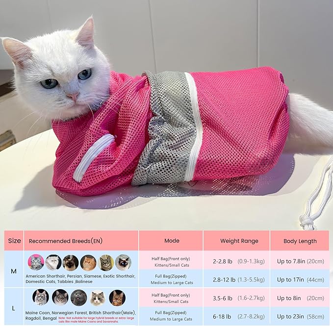 Cinf Cat Bathing Bag, Breathable Mesh Anti Scratch Adjustable Cat Grooming Bag for Nail Trimming, Bathing Soft Cat Washing Bag(Pink) L