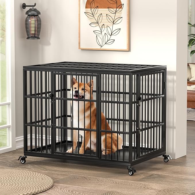 VERIFURTY 36 Inch Heavy Duty Dog Crate for Medium and Large Dogs with Self-Locking Latch, Escape-Proof Steel Dog Kennel Indoor, Double Door Metal Pet Cage with Wheels and Removable Floor