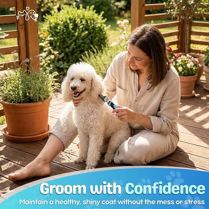 Flexzion Dogs Dematting Comb, Stainless Steel Blades Rakes, for Pets Cats Animals Matted Knotted Hair, Brush Cutting Removing Grooming Tool with Smooth Teeth Needle - Black & Blue Handle
