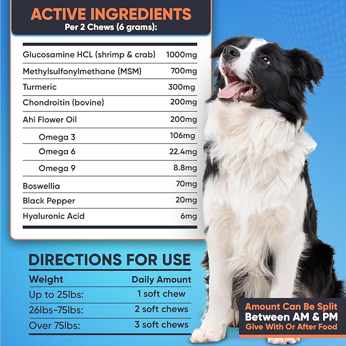 Glucosamine for Dogs -1000mg- Senior Dog Joint Supplement -Advanced Hip & Joint Support Chews w/Glucosamine, Chondroitin, MSM, Turmeric & Omega 3 for Pain & Inflammation Relief, Improved Mobility