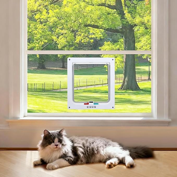 Cat Door for Window, Fits 18"-28" Width Window, Cat Window Door with 4 Locking Modes, Pet Friendly Window Cat Door Insert, Magnetic Closure, Weatherproof, Easy Installation, Clear Plexiglass