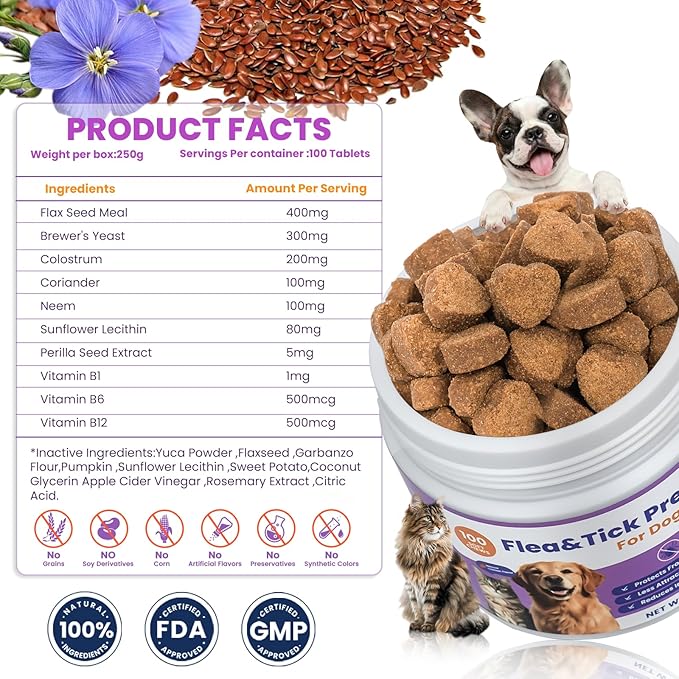 VUN Dog Flea and Tick Treatment Chewable,Natural Oral Flea Treatment for Cats,Relieve Itching& Biting,Flea Tick Prevention for Dogs Chews Supplement for Skin&Coat,All Breeds Sizes,100 Counts
