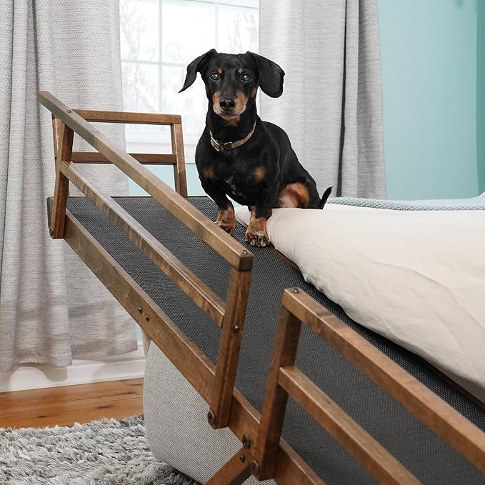 DoggoRamps Bed Ramp for Small Dogs - Solid Hardwood - Adjustable up to 37" Tall Beds with Safety Rails & Anti-Slip Grip - Made in North America Walnut