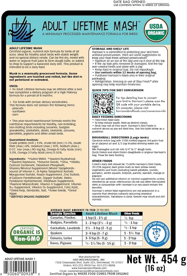 Harrison's Bird Foods Adult Lifetime Mash- Certified Organic, Non-GMO, Maintenance Formula for Healthy Birds, Minimally Processed Powdered Food for Parrots, Conures, Budgies, Lovebirds etc 454g / 1lb