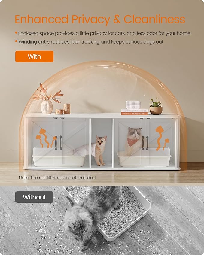 Feandrea Double Cat Litter Box Enclosure, Modern Litter Box Furniture Hidden for 2 Cats, Front Entry, Cat House, Side End Table, TV Stand, 59 x 19 x 19.5 Inches, Cloud White UPCL010W01