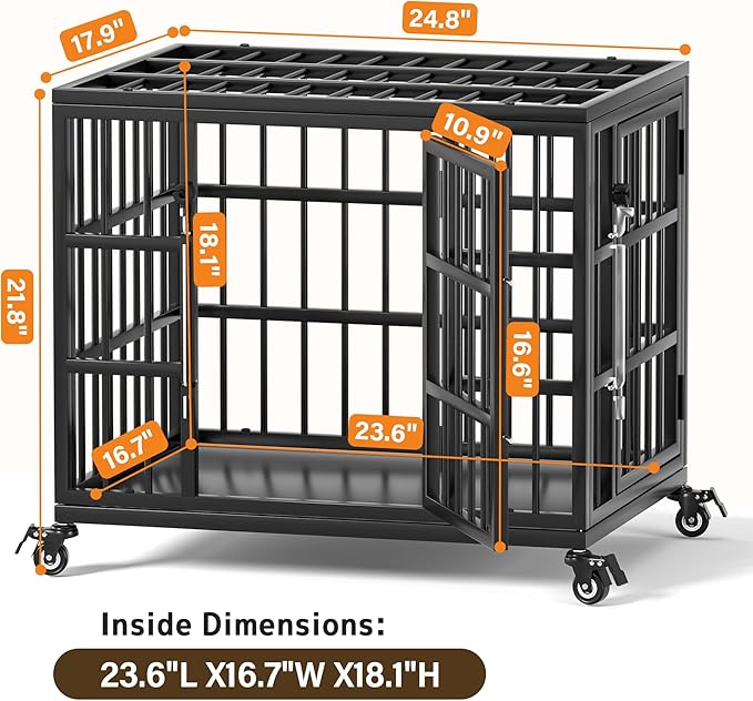 VERIFURTY 24 Inch Heavy Duty Dog Crate for Small Dogs with Self-Locking Latch, Escape-Proof Steel Kennel Indoor, Double Door Metal Pet Cage with Wheels and Removable Floor