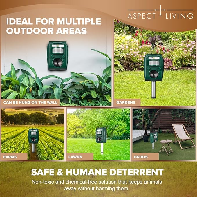 Solar Ultrasonic Animal Repellent Outdoor, Squirrel Deer Repellent Devices Motion Detection,IP65 Waterproof Cat Mouse Raccoon Dog Bird Repellent Deterrent