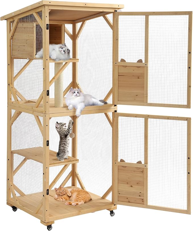 TITIMO 71" Catio Cat Enclosure Window, Large Outdoor/Indoor Cat House for Multiple Cats, Wooden Kitty Condo W/Waterproof Roof, Platforms, Resting Box, Scratching Post, Sisal Ball, Wheels