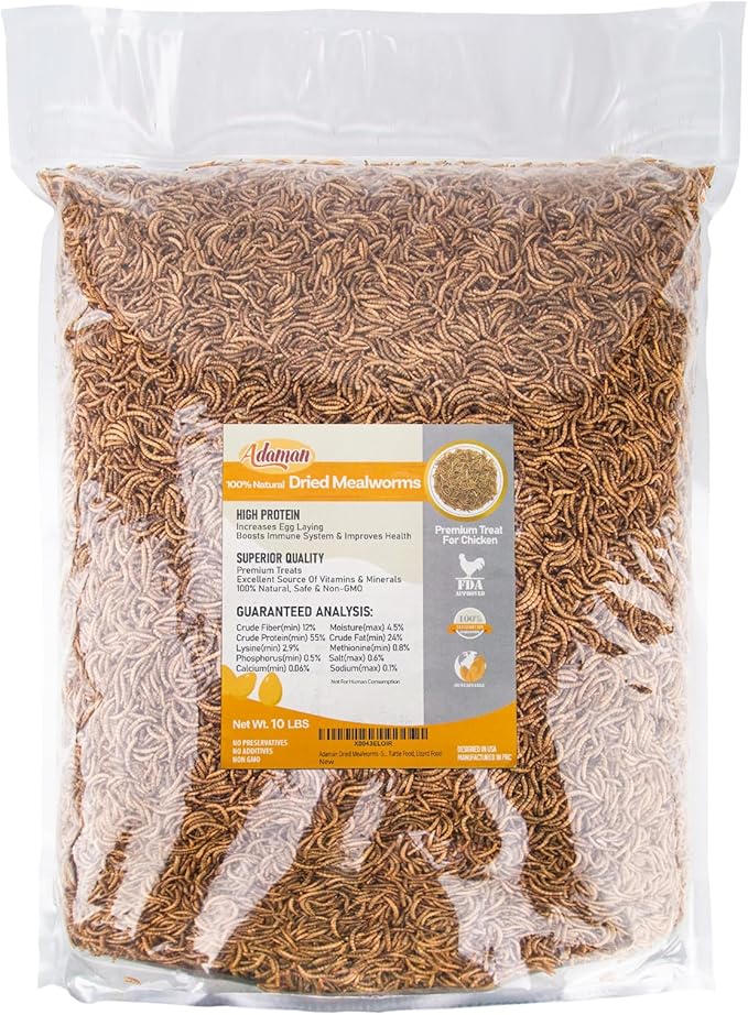 Adaman Dried Mealworms -10 LBS- 100% Natural Non GMO High Protein Mealworms - Bulk Meal Worms for Chickens & Birds, Ducks - Best Chicken Treats, Bird Food, Turtle Food