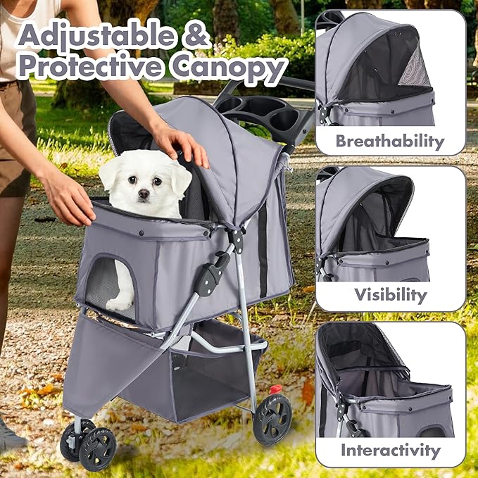 DUMOS 3 Wheels Pet Stroller for Small Dogs and Cats – Foldable Dog Stroller with Mesh Windows, Storage Basket & Cup Holder, Lightweight & Durable Pet Carrier for Travel, Outdoor Use – Grey
