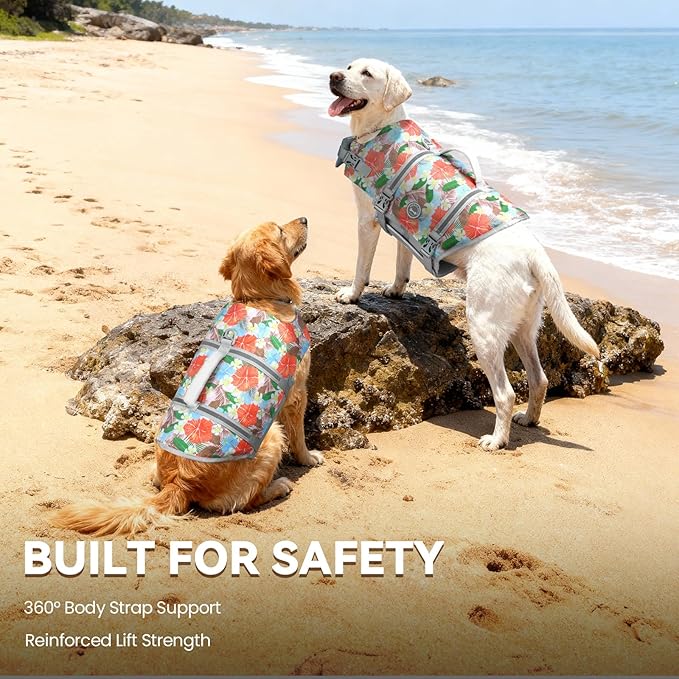 VIVAGLORY Rip Stop Dog Life Vest, Swimming Vest with Handle, Buoyancy for Doggy Puppy, Dog Life Jacket for Swimming & Boating, XL, Floral Orange