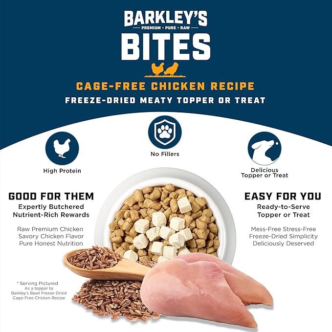 Barkley’s Bag Chicken Bites, Freeze Dried Dog Treats and Food Topper, Protein Packed, Made with Chicken and Brown Rice, Small Bite-Sized Pieces for Training Rewards, American Made Dog Snacks, 4 Oz Bag