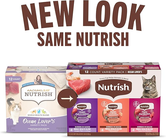 Nutrish Grain Free Ocean Lover's Whole Health Blend Variety Pack Wet Cat Food, 2.8 oz. Cup, 12 Count (Rachael Ray)