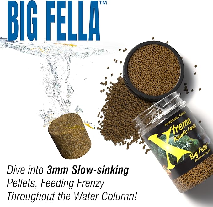 Xtreme Big Fella 3.0mm Pellets: Professional Nutrition for Medium to Large Cichlid/Community Fish - Boost Immune & Digestive Health, Color & Energy, Max Protein Fish Food – USA Farm Grown (2.5oz)