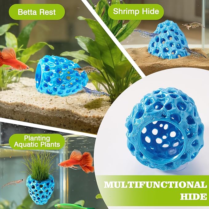 Shrimp Dome Hide, Shrimp Hides for Aquarium, Betta Fish Hideout with Suction Cup, Betta Habitat Tank Ornament Accessories, Aquarium Decor for Small Fish Guppy Hiding Resting (Blue)