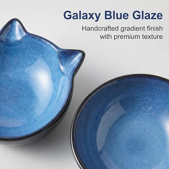 Nihow Elevated Cat/Dog Bowls Set : 6.2 Inch Ceramic Raised Cat Food & Water Bowl Set for Protecting Pet's Spine - Feeding & Watering Supplies for Cat/Small Size Dog - Elegant Blue & Black (2 PC)