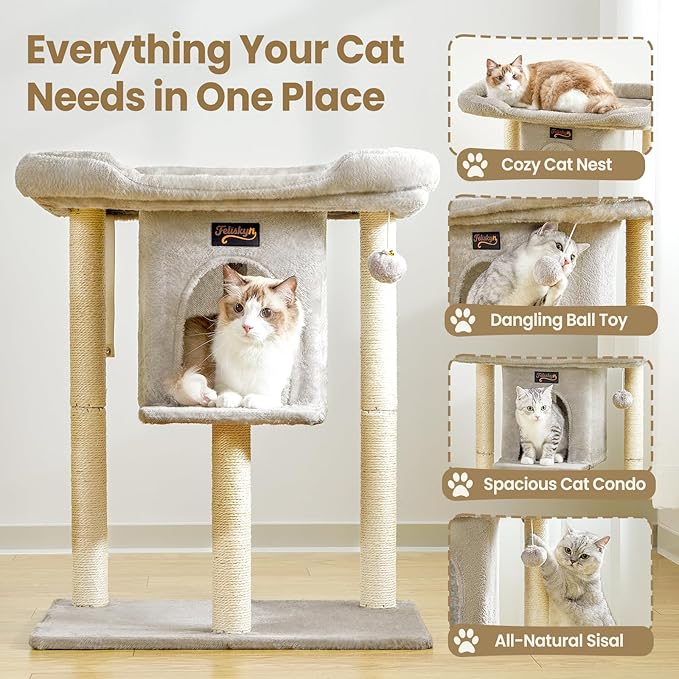 Cat Tree Tower Scratching Post for Indoor Large Cats, Small Cat Tree with Big Perch Bed, 28in Tall Trees House with Condo Cave, Toy Balls, Modern Climbing Furniture Platform for Kitten (Light Gray)