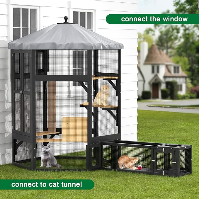 Catio Outdoor Cat Enclosure, Indoor Cat Enclosure with Window Access, Wooden Outdoor Cat Catio with Waterproof Cover, Cat House & Platform for Multiple Cats, Black