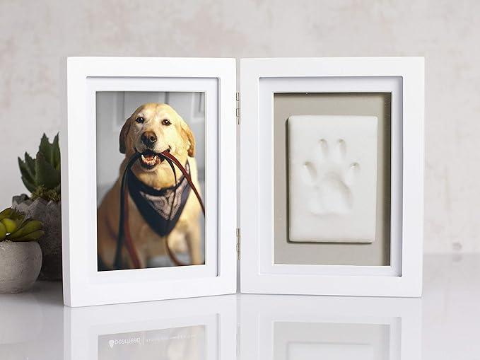 Pearhead Pet Paw Print Memorial Frame with Clay Imprint Kit, Dog & Cat Pawprint Keepsake Wood Photo Frame, DIY No Bake Paw Print Kit, 4x6 Picture Display, White