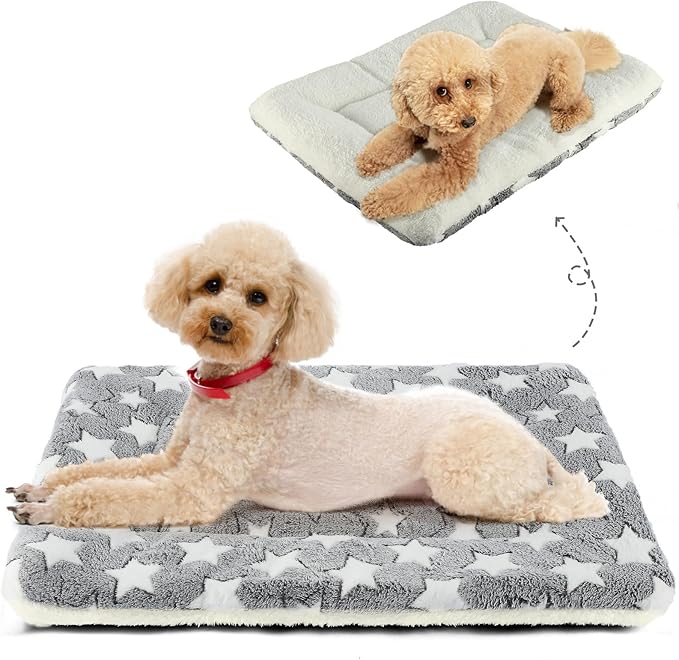 Mora Pets Dog Crate Pad - Ultra Soft Pet Bed With Cute Star Print, Washable Mat for Large Medium Small Dogs, Reversible Fleece Kennel Liner, Cat Bed 23 x 18 Inch Grey