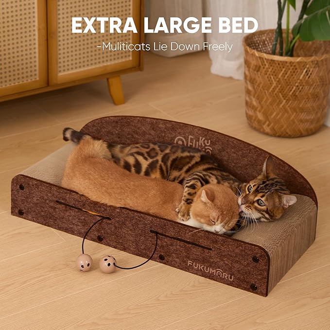 FUKUMARU 26 Inch Cat Scratcher Bed, 2 Reversible Cardboard Cat Scratch Pads Refill for Indoor Cats, Durable Large Cats Scratching Bed Sofa Couch Lounger with Fun Toys, Furniture Protector, Caramel