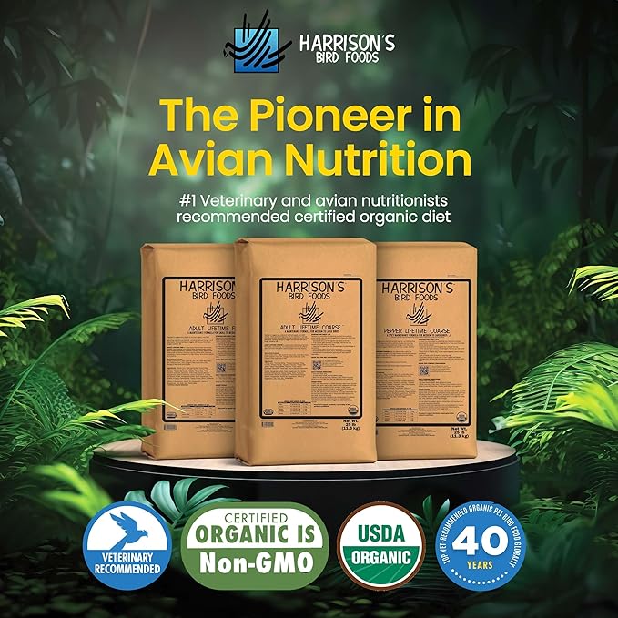 Harrison's Bird Foods Adult Lifetime Coarse Certified Organic Non-GMO Daily Maintenance Formula for Medium to Large Birds, Parrots, Cockatoos, Macaws etc, Suitable for All Life Stages 11.3kg/ 25lb