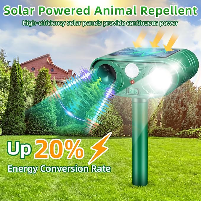 2026 Upgraded Solar Ultrasonic Animal Repeller Outdoor with Motion Sensor & LED Strobe Cat Repellent Outdoor Effective Dog, Deer, Raccoon, Squirrel Deterrent for Yard, Lawn, Garden 4 Pack