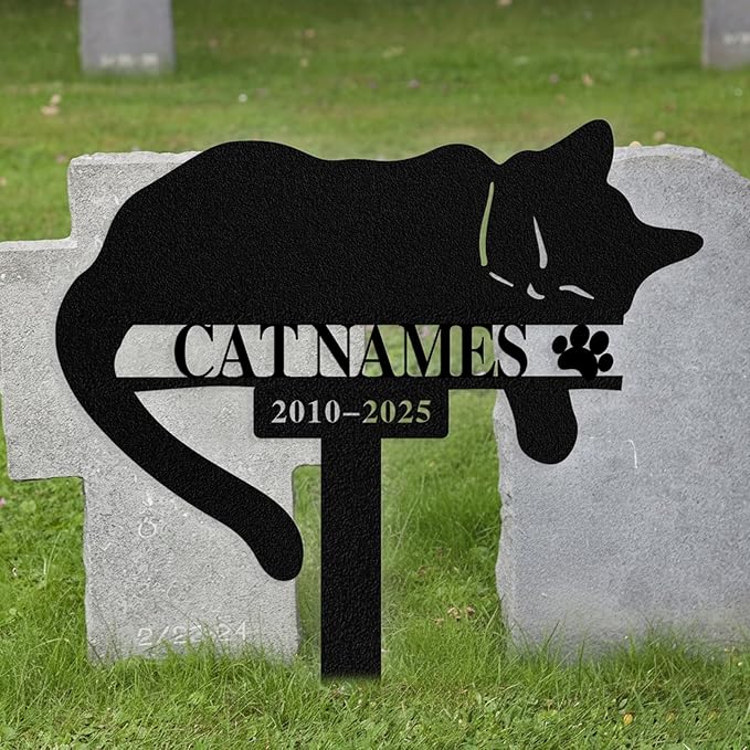 Custom Sleeping Cat Grave Marker Outdoor, Personalized Metal Cat Memorial Grave Stake with Name and Date, Outdoor Waterrproof Cats Memorial Plaque