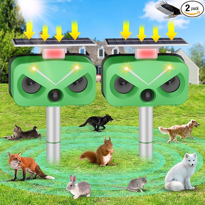 Solar Ultrasonic Animal Repellent, Waterproof Cat Deterrent Outdoor with LED Flashing Repel for Cats, Dogs, Deer, Rabbits, Squirrels, Skunks, Raccoons, etc.