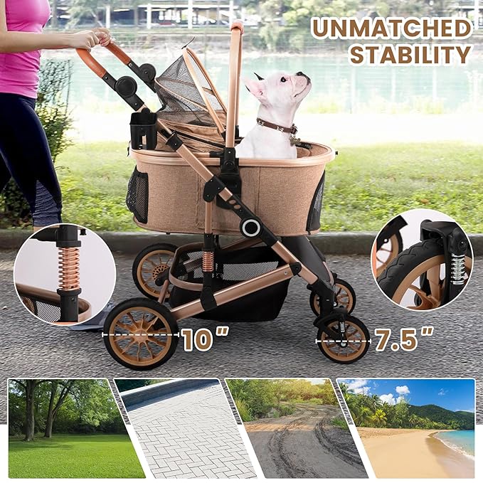 Pet Stroller for Medium Dogs, Smooth-Ride Dog Stroller with Detachable Carrier, Rubber Wheels, Car Seat Combo 3-in-1, Up to 50 lbs, for Senior Dogs & Cats, Tan