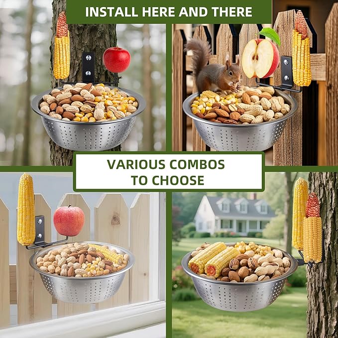 2 Pack Squirrel Feeders, Add 2 Colander Bowls (Each 8.5"/1.4L) for Replacement, Dual Corn Cob Spikes for Multi-Food, Metal Squirrel Feeders for Outside, Removable Bowl Nice to Clean/Refill
