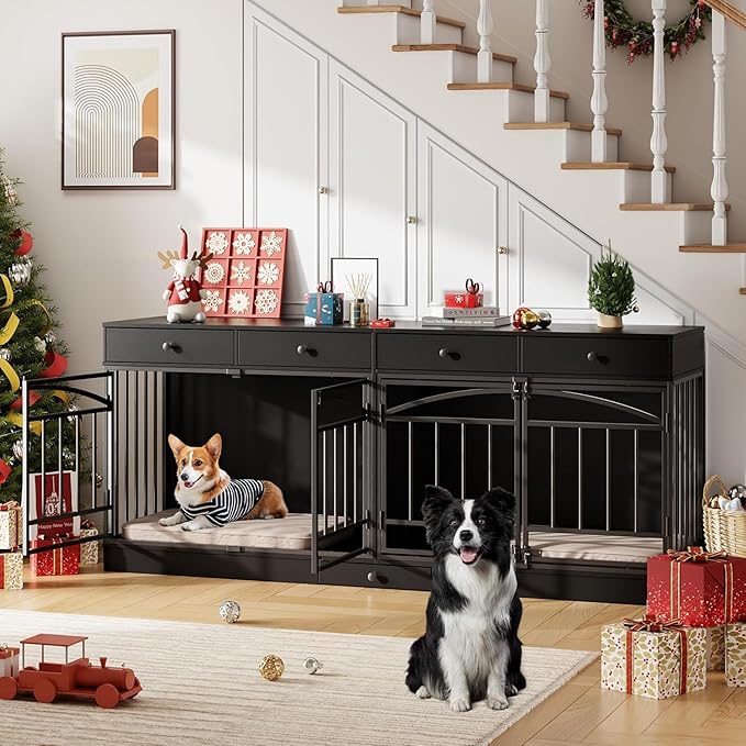 GAOMON Dog Crate Furniture for 2 Dogs, 78.7'' Large Dog Kennel Indoor with 4 Storage Drawers and Feeding Bowls, Double Dog Crate TV Stand for Small and Medium Dogs, Black