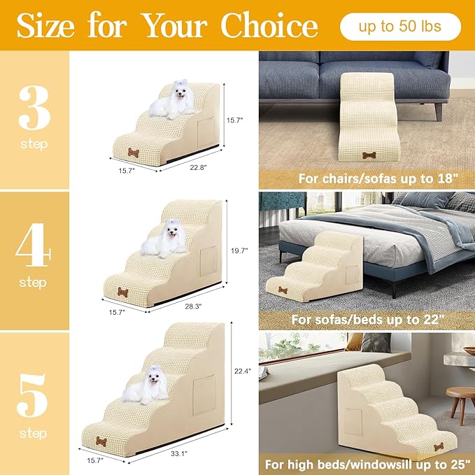 Dog Stairs for Small Dogs, Wide Pet Step with Removable Cover, No Assembly High Density Foam Cat Ramp for Bed or Sofa, 3-Step, Beige