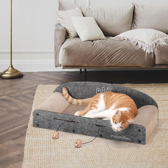 FUKUMARU 26 Inch Cat Scratcher Bed, 2 Reversible Cardboard Cat Scratch Pads Refill for Indoor Cats, Durable Large Cats Scratching Bed Sofa Couch Lounger with Fun Toys, Furniture Protector, Grey