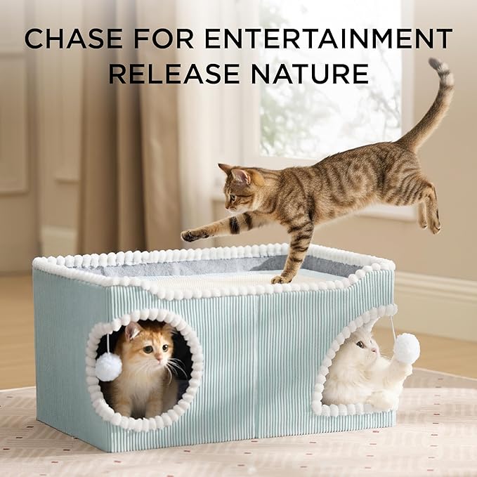 Bedsure Large Cat Beds for Indoor Cats - Extra Wide Cat House with Scratch Removable Top Sisal Pad for Multi Cats, Foldable Cave Hideaway for Entertainment, 23.6x15.9x12.6inches, Blue
