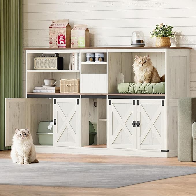 Double Cat Litter Box Enclosure for 2 Cats, Cat Cabinet with Large Storage Space, Hidden Litter Box with Scratch Pad, Farmhouse Cats House, TV Stand End Table, Rustic Brown and White CB97014X